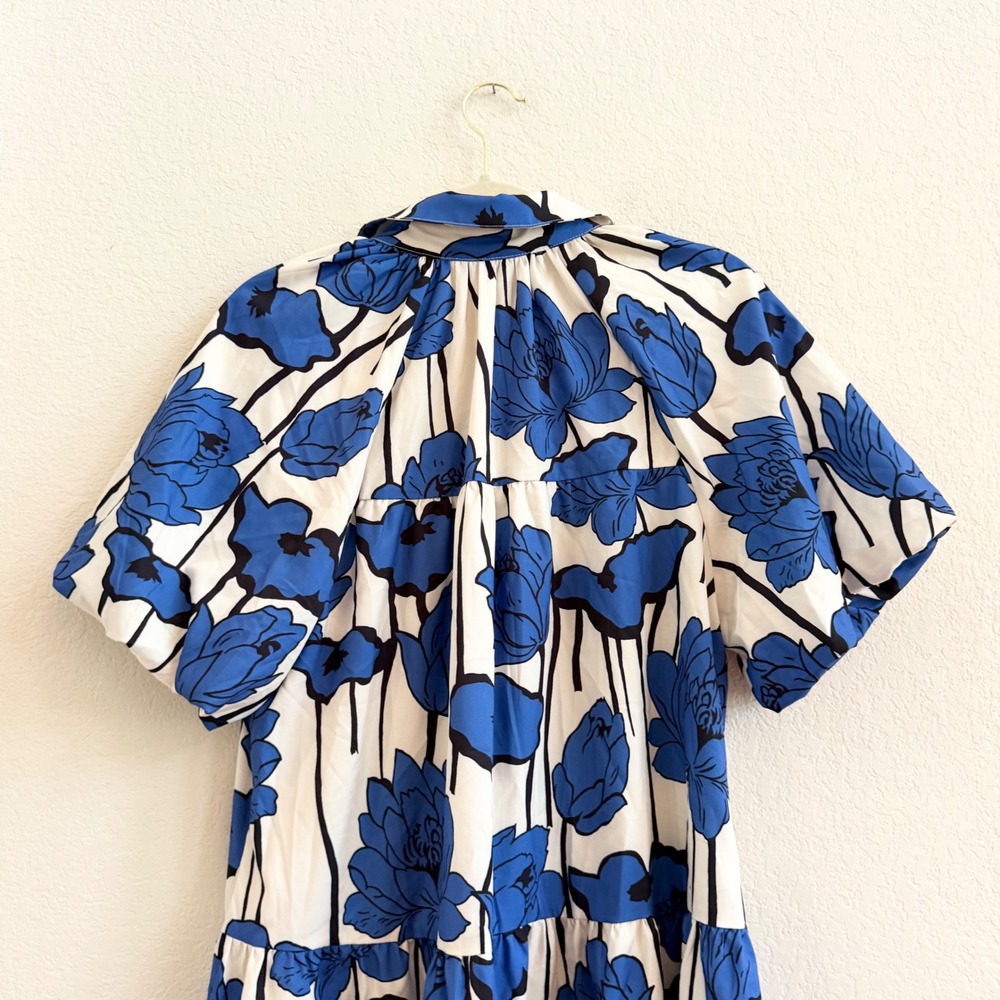 Wenrine Blue White Floral Button Up Tiered Shirt Dress Size Medium RT1078 - Picture 7 of 11